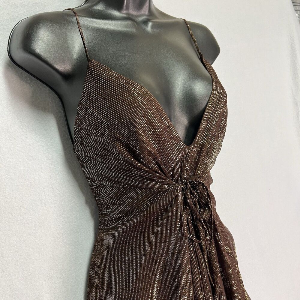 Nicole Miller Silk Lurex Brown Gold Plunge Handkerchief Dress 8 Y2K Fairy Boho - Picture 3 of 8
